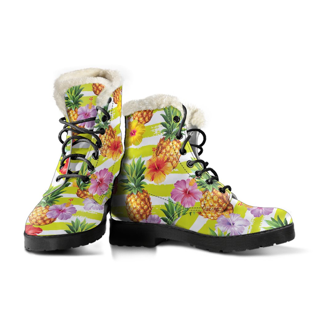 Yellow Striped Pineapple Pattern Print Comfy Boots GearFrost
