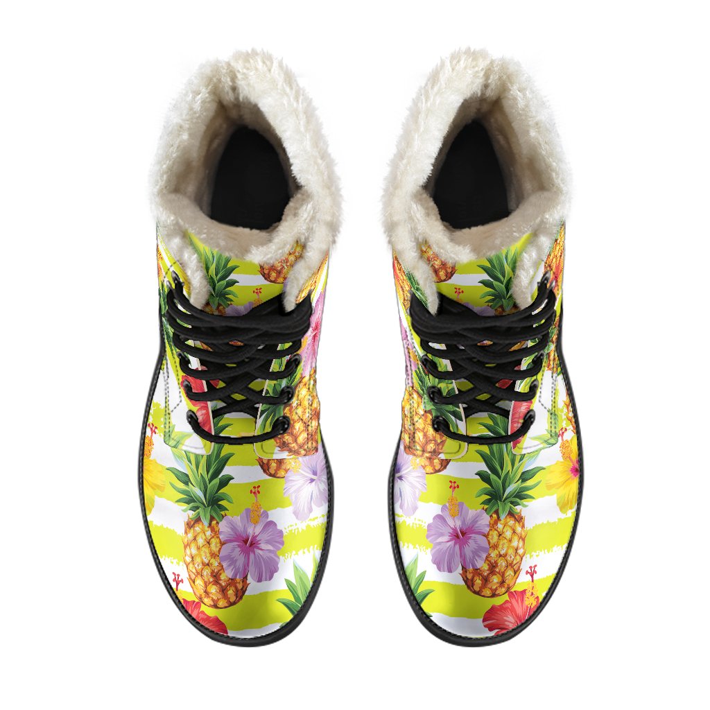 Yellow Striped Pineapple Pattern Print Comfy Boots GearFrost