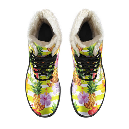Yellow Striped Pineapple Pattern Print Comfy Boots GearFrost