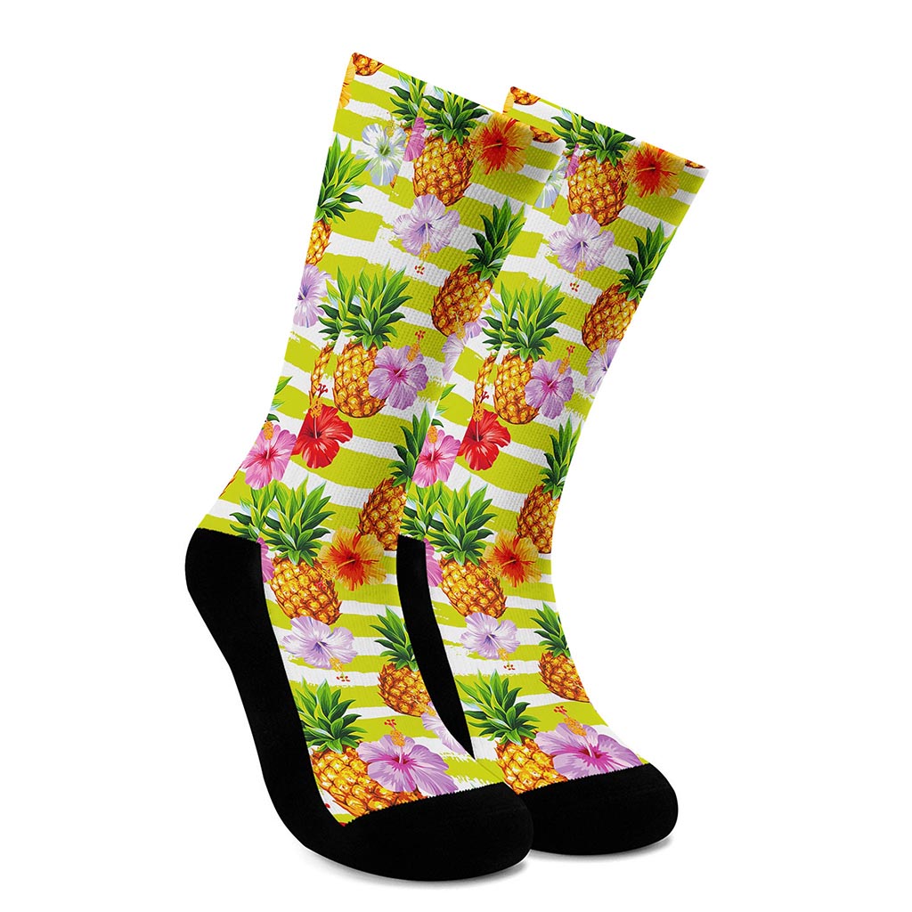 Yellow Striped Pineapple Pattern Print Crew Socks