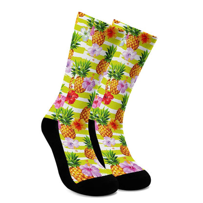Yellow Striped Pineapple Pattern Print Crew Socks