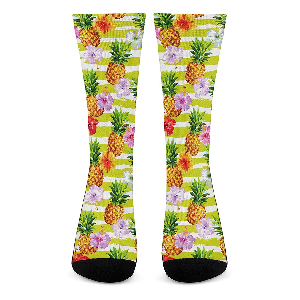 Yellow Striped Pineapple Pattern Print Crew Socks