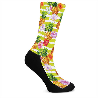 Yellow Striped Pineapple Pattern Print Crew Socks