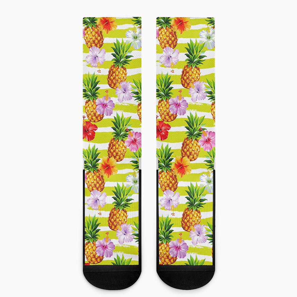 Yellow Striped Pineapple Pattern Print Crew Socks