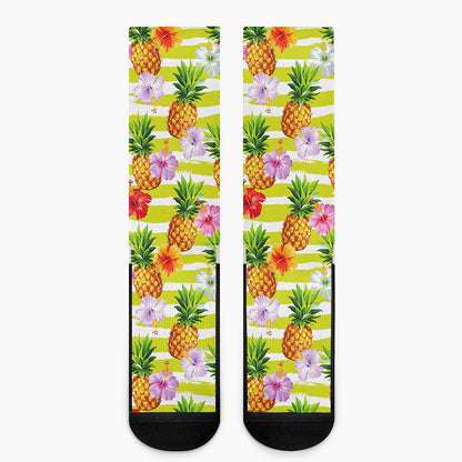 Yellow Striped Pineapple Pattern Print Crew Socks