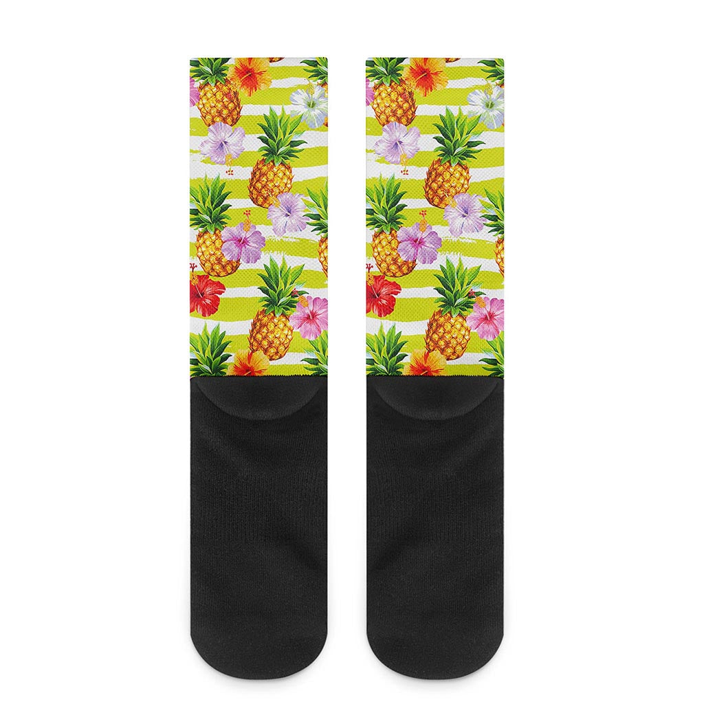 Yellow Striped Pineapple Pattern Print Crew Socks