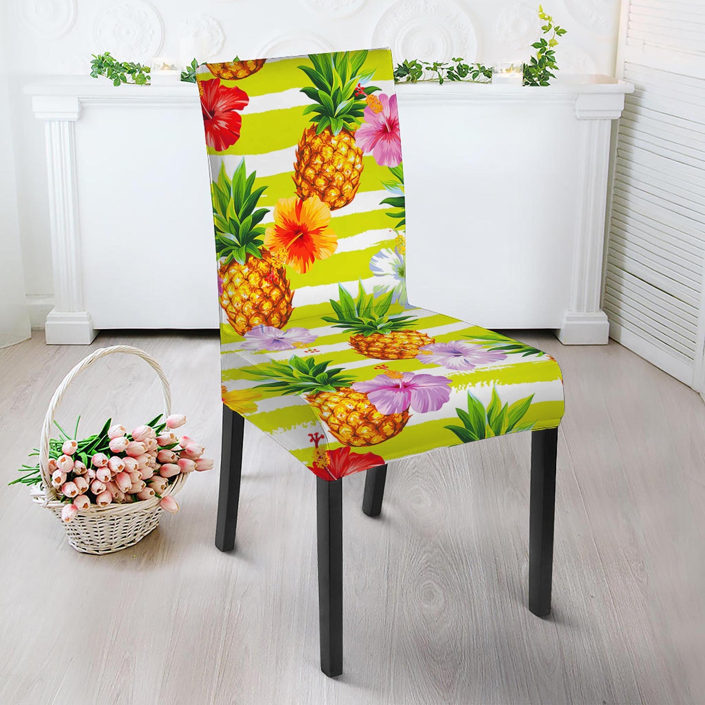 Yellow Striped Pineapple Pattern Print Dining Chair Slipcover