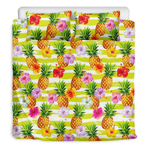 Yellow Striped Pineapple Pattern Print Duvet Cover Bedding Set