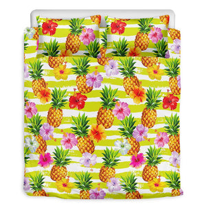 Yellow Striped Pineapple Pattern Print Duvet Cover Bedding Set