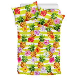 Yellow Striped Pineapple Pattern Print Duvet Cover Bedding Set