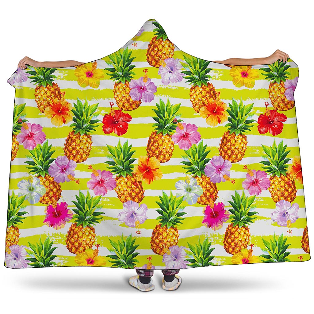 Yellow Striped Pineapple Pattern Print Hooded Blanket