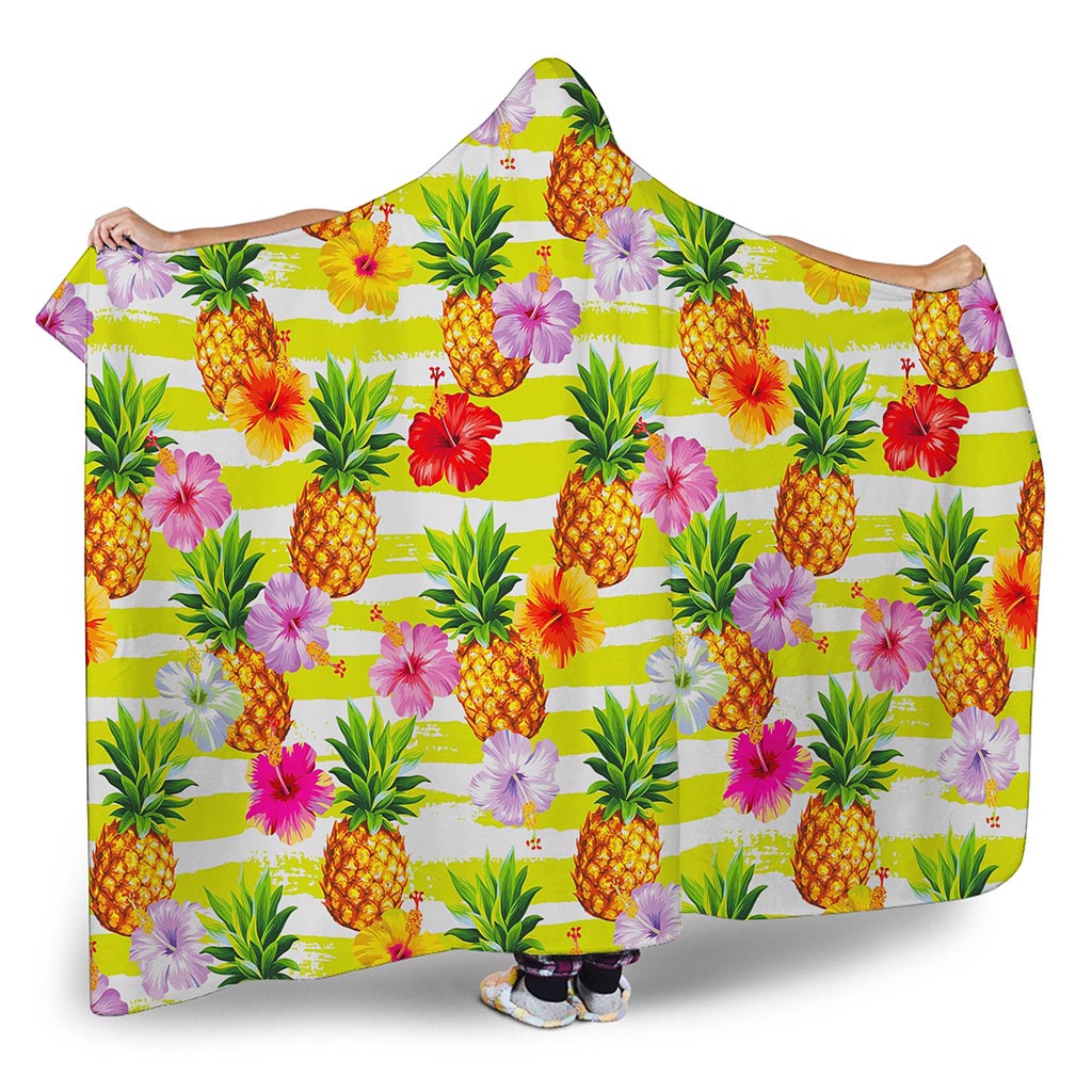 Yellow Striped Pineapple Pattern Print Hooded Blanket