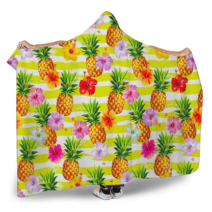 Yellow Striped Pineapple Pattern Print Hooded Blanket