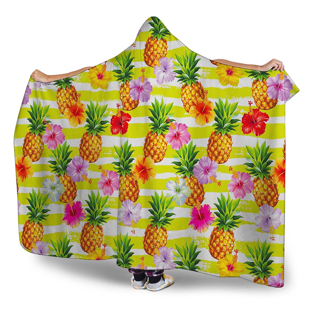 Yellow Striped Pineapple Pattern Print Hooded Blanket