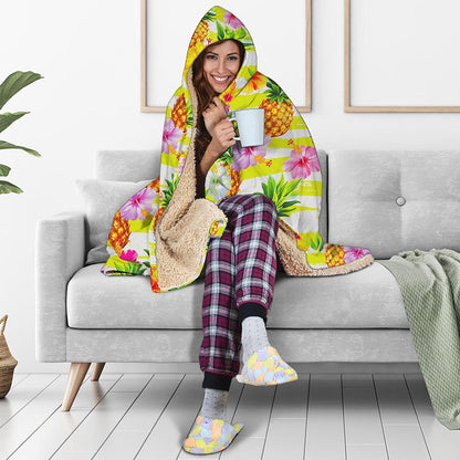 Yellow Striped Pineapple Pattern Print Hooded Blanket