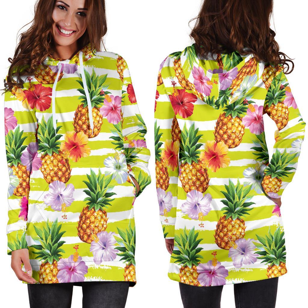 Yellow Striped Pineapple Pattern Print Hoodie Dress GearFrost