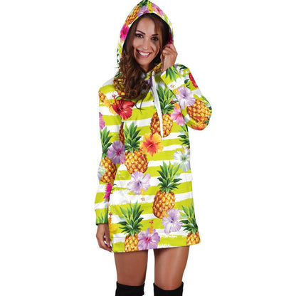 Yellow Striped Pineapple Pattern Print Hoodie Dress GearFrost
