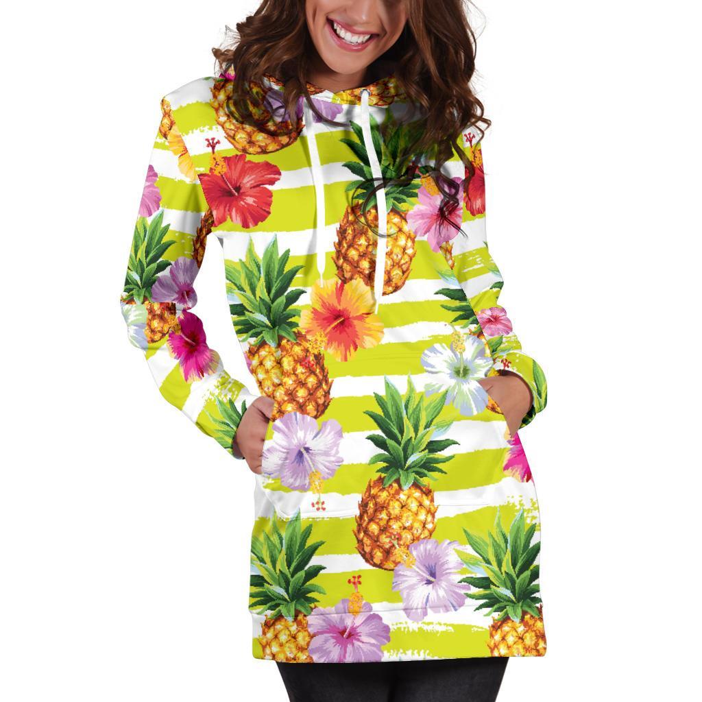 Yellow Striped Pineapple Pattern Print Hoodie Dress GearFrost