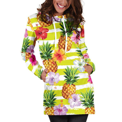 Yellow Striped Pineapple Pattern Print Hoodie Dress GearFrost