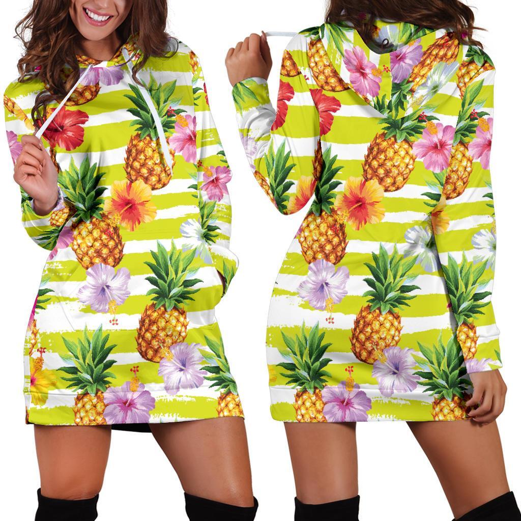 Yellow Striped Pineapple Pattern Print Hoodie Dress GearFrost
