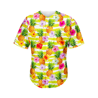 Yellow Striped Pineapple Pattern Print Men's Baseball Jersey