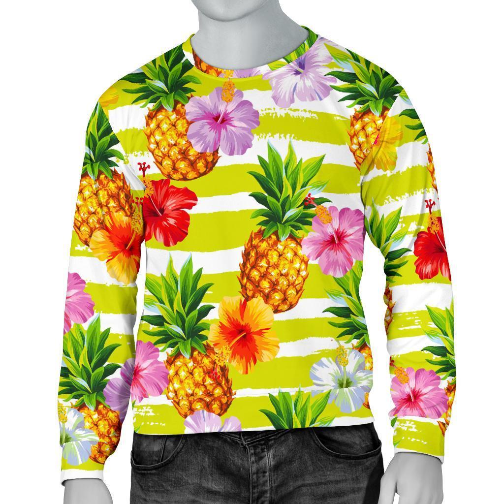 Yellow Striped Pineapple Pattern Print Men's Crewneck Sweatshirt GearFrost