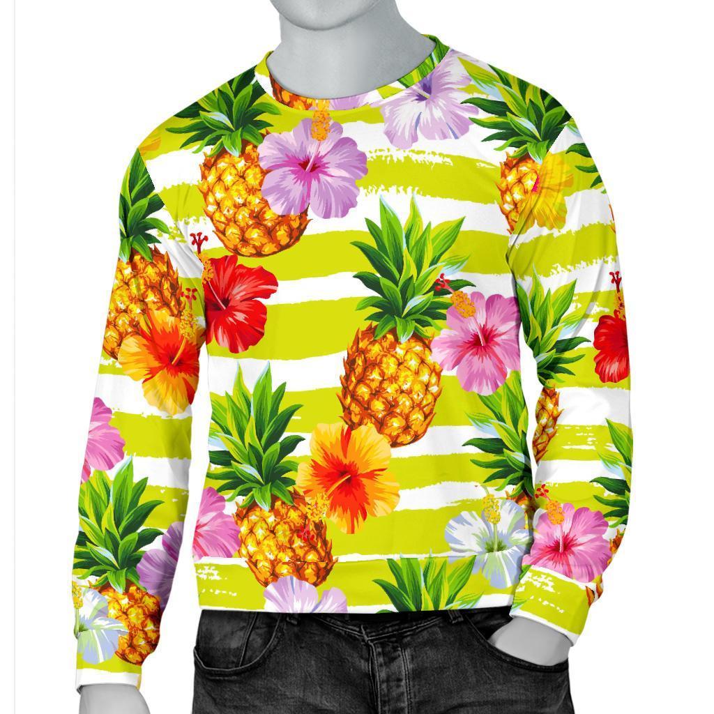 Yellow Striped Pineapple Pattern Print Men's Crewneck Sweatshirt GearFrost