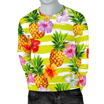 Yellow Striped Pineapple Pattern Print Men's Crewneck Sweatshirt GearFrost