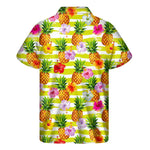 Yellow Striped Pineapple Pattern Print Men's Short Sleeve Shirt
