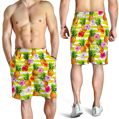 Yellow Striped Pineapple Pattern Print Men's Shorts