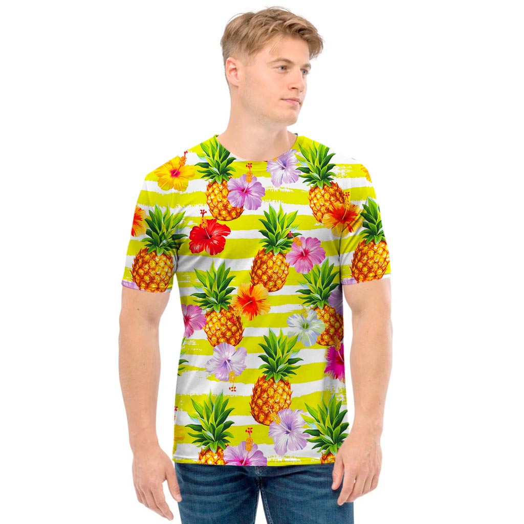 Yellow Striped Pineapple Pattern Print Men's T-Shirt