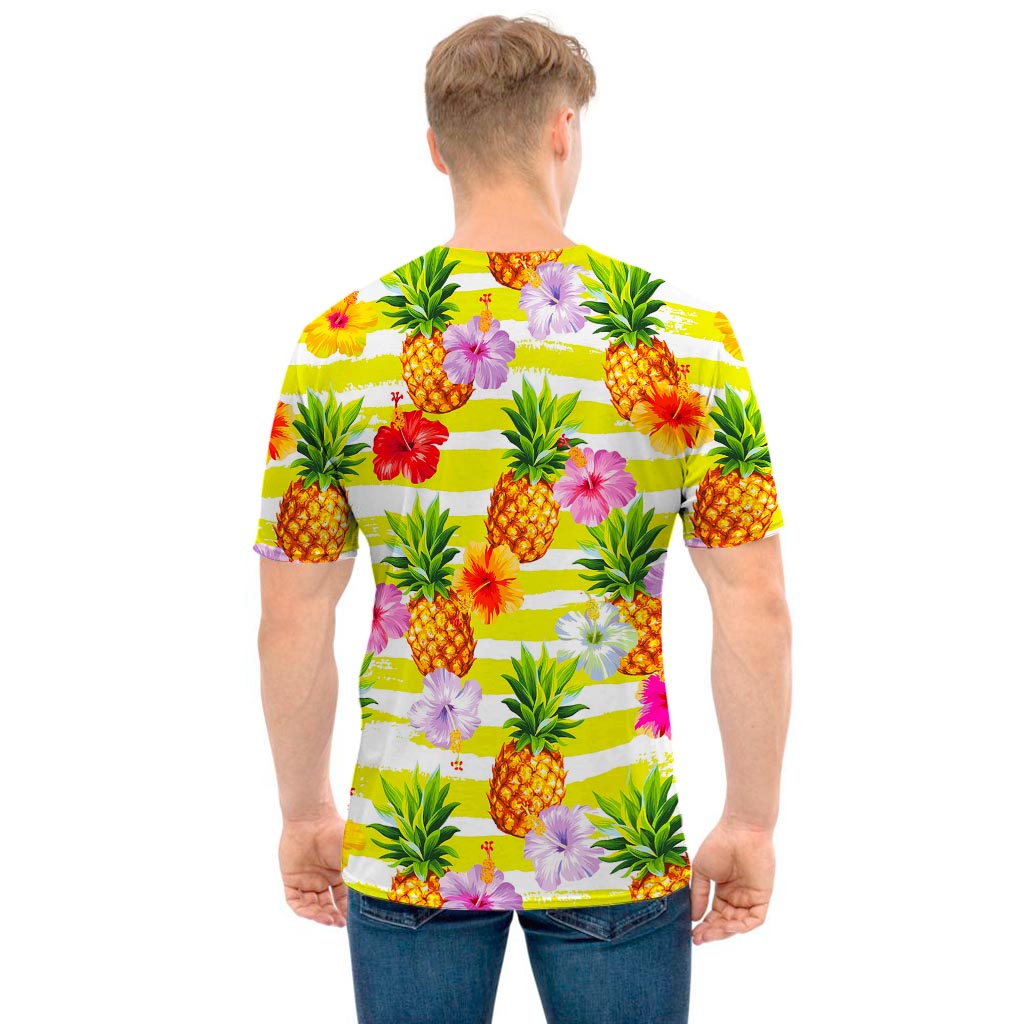 Yellow Striped Pineapple Pattern Print Men's T-Shirt