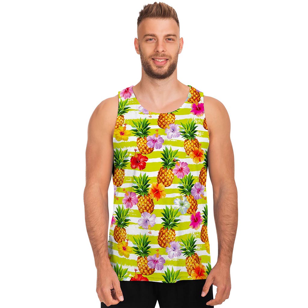 Yellow Striped Pineapple Pattern Print Men's Tank Top