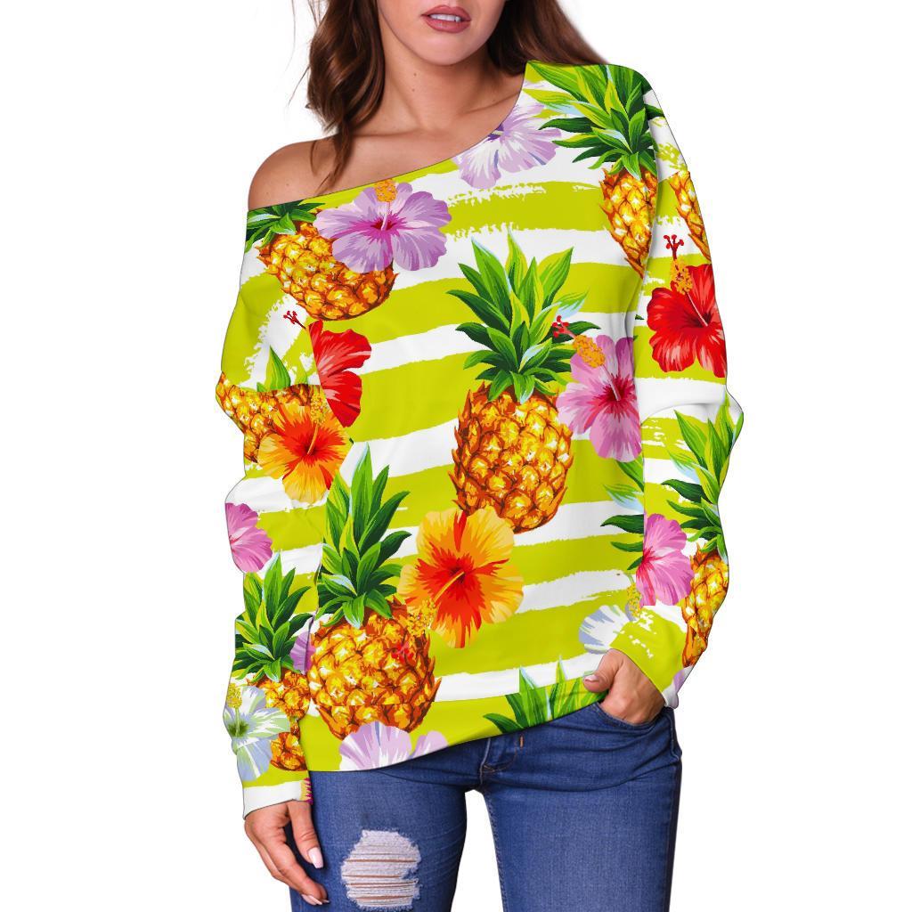 Yellow Striped Pineapple Pattern Print Off Shoulder Sweatshirt GearFrost