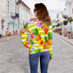 Yellow Striped Pineapple Pattern Print Off Shoulder Sweatshirt GearFrost