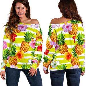 Yellow Striped Pineapple Pattern Print Off Shoulder Sweatshirt GearFrost