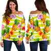 Yellow Striped Pineapple Pattern Print Off Shoulder Sweatshirt GearFrost