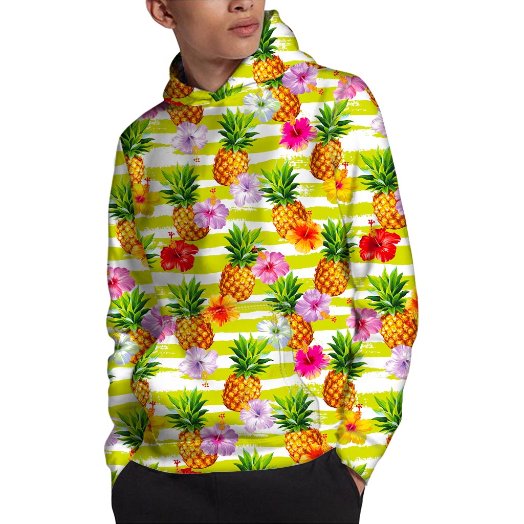 Yellow Striped Pineapple Pattern Print Pullover Hoodie