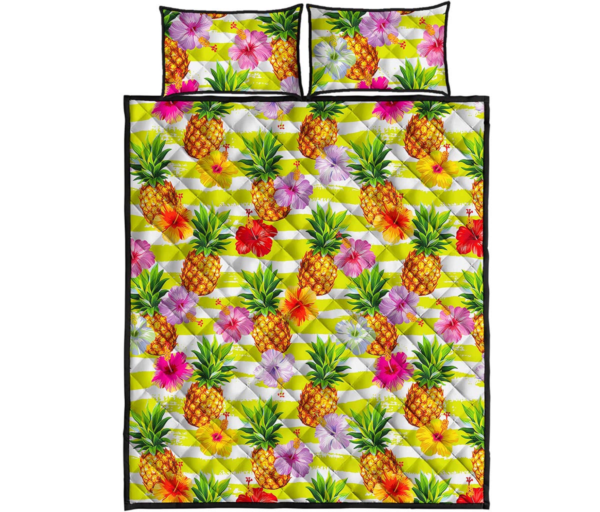 Yellow Striped Pineapple Pattern Print Quilt Bed Set