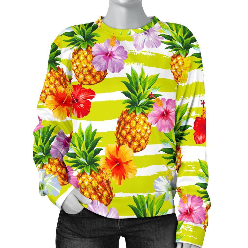 Yellow Striped Pineapple Pattern Print Women's Crewneck Sweatshirt GearFrost