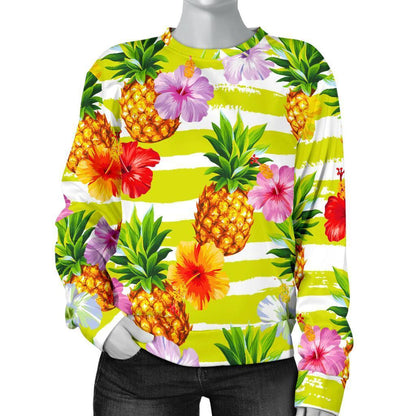 Yellow Striped Pineapple Pattern Print Women's Crewneck Sweatshirt GearFrost