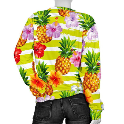 Yellow Striped Pineapple Pattern Print Women's Crewneck Sweatshirt GearFrost