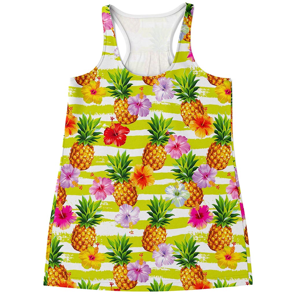 Yellow Striped Pineapple Pattern Print Women's Racerback Tank Top