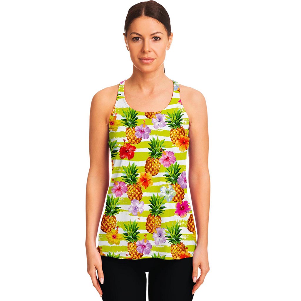 Yellow Striped Pineapple Pattern Print Women's Racerback Tank Top