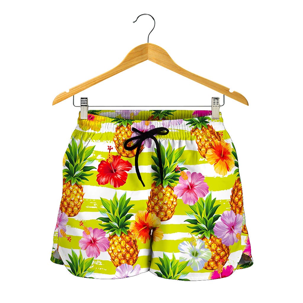 Yellow Striped Pineapple Pattern Print Women's Shorts