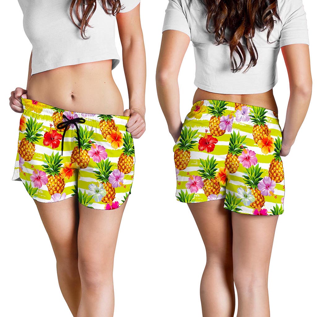 Yellow Striped Pineapple Pattern Print Women's Shorts