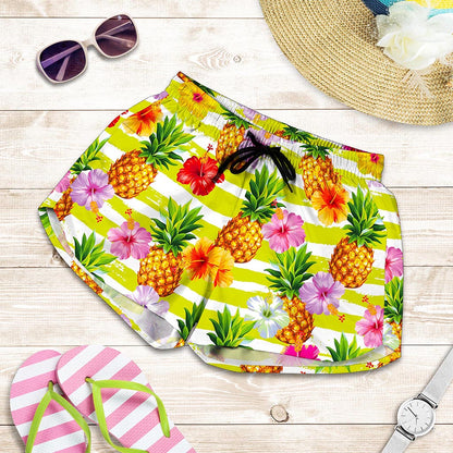 Yellow Striped Pineapple Pattern Print Women's Shorts