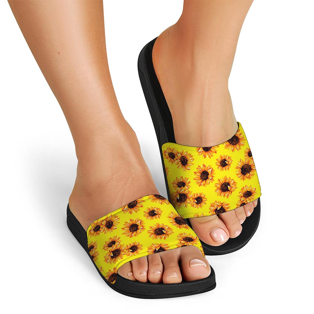 Yellow Sunflower Pattern Print Black Slide Sandals