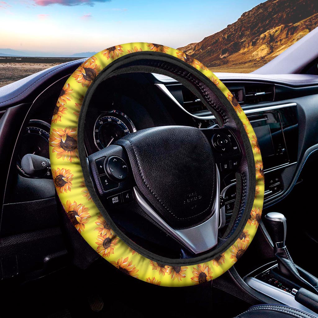 Yellow Sunflower Pattern Print Car Steering Wheel Cover