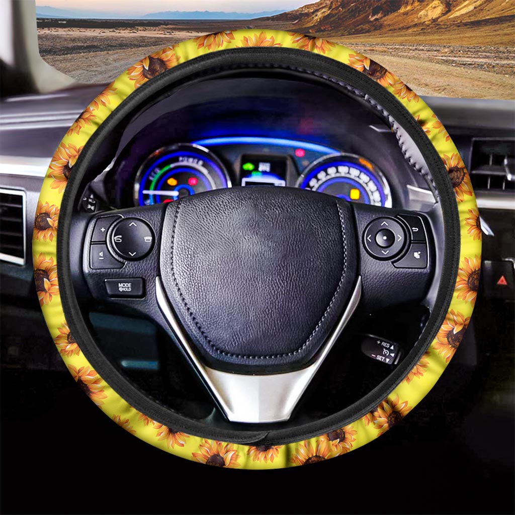 Yellow Sunflower Pattern Print Car Steering Wheel Cover